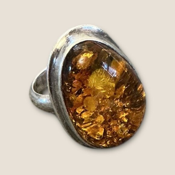 Vintage Estate Amber & Sterling Silver Statement Ring - Picture 1 of 10